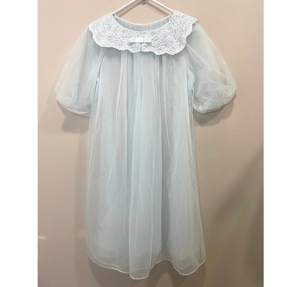Vintage Shadowline Sheer Chiffon Peignoir Nightgown Lingerie Baby Blue Sz Small